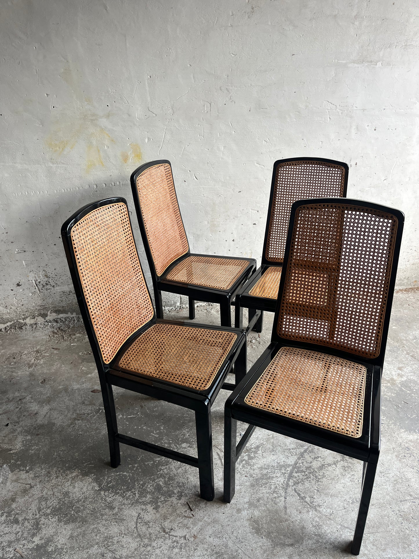 Set of 4 Black Lacquered Cane Dining Chairs, 1980s