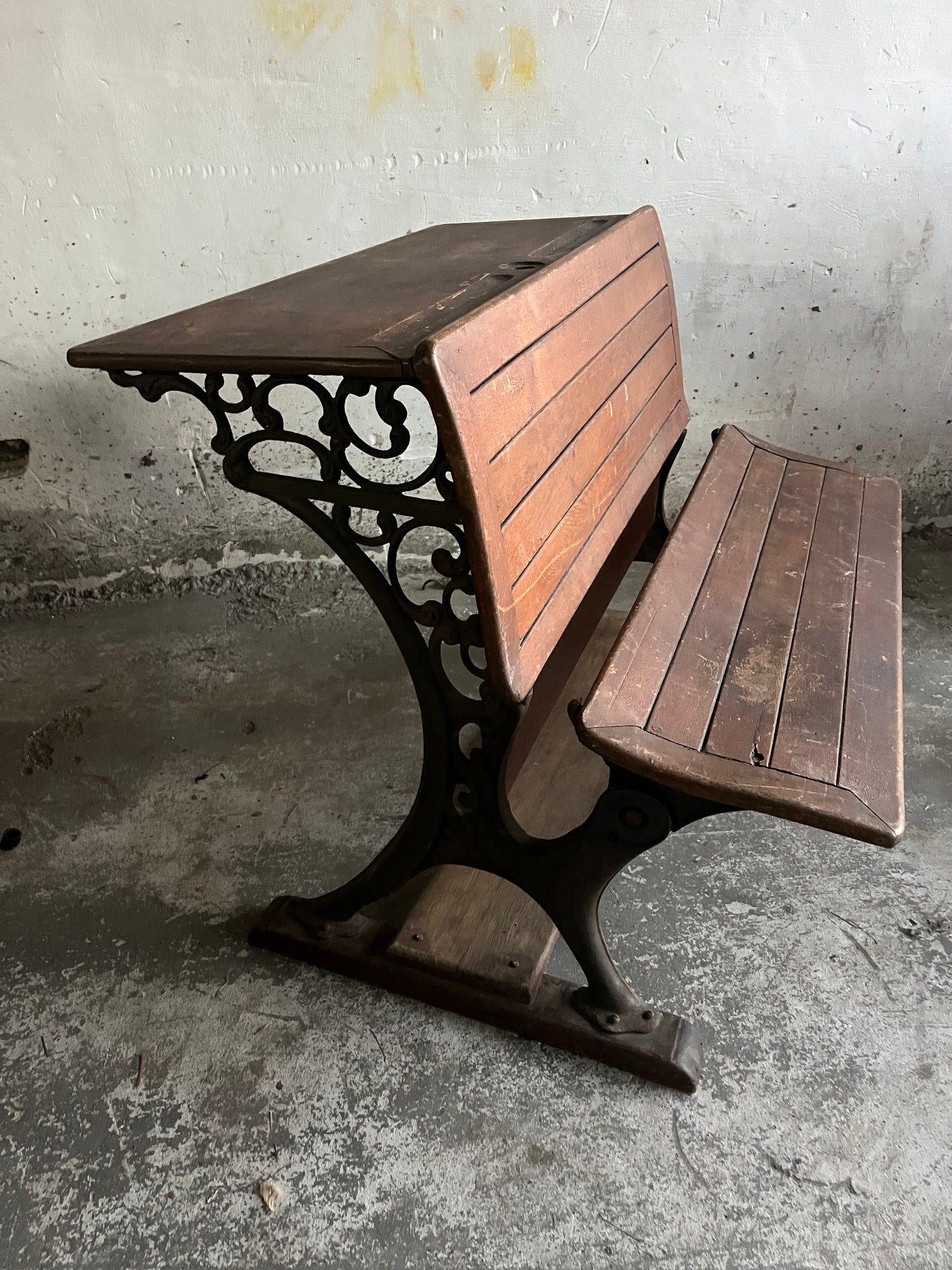 Early 20th-Century Double School Desk with Cast Iron Frame