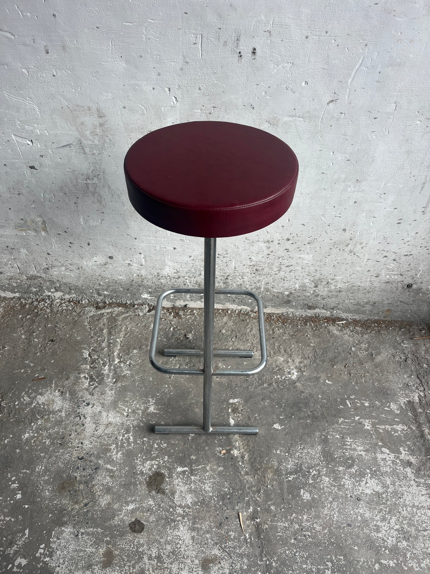 Set of 4 Industrial Bar Stools – Burgundy Seats (1980s)