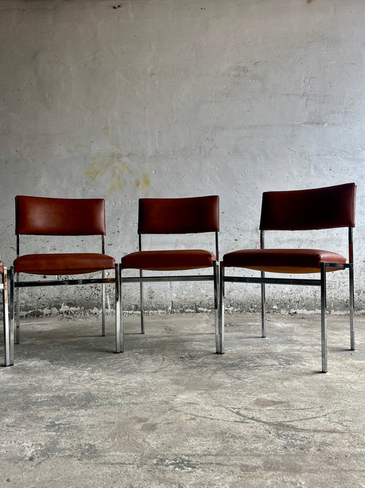 Set of 5 Mid-Century Chrome Dining Chairs in Cognac Leatherette