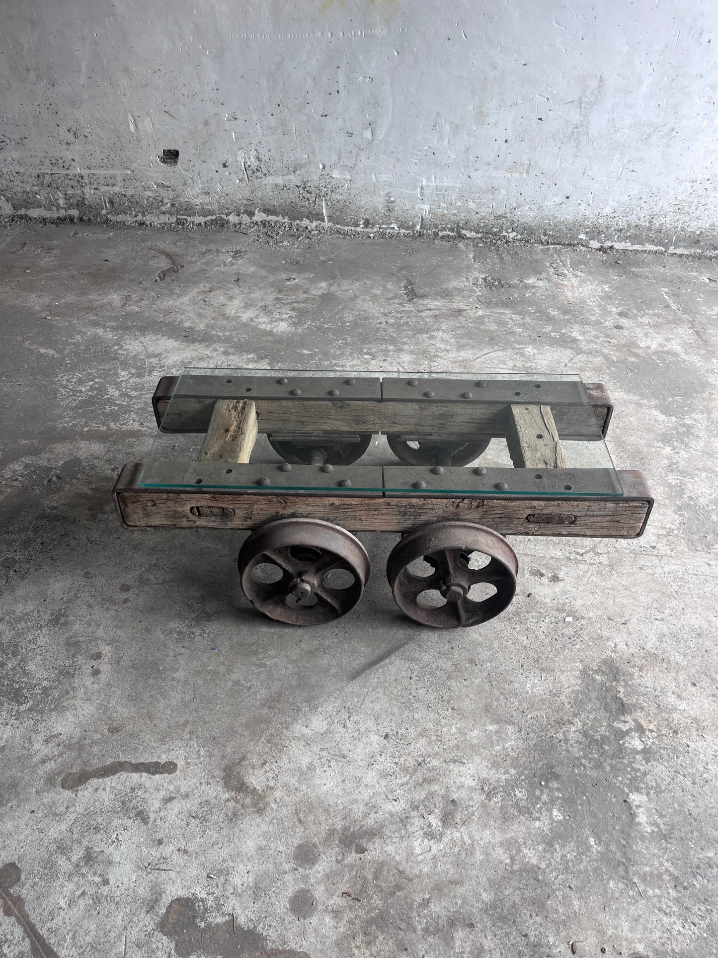 Industrial Railway Cart Coffee Table with Glass Top, Europe, Mid-20th Centur