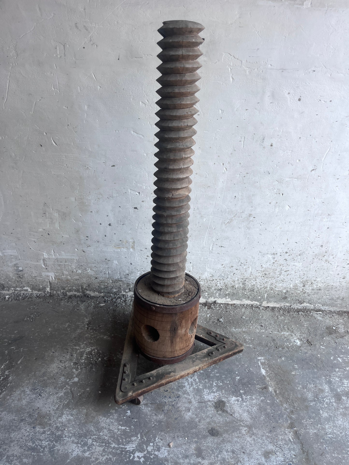 Monumental Antique Wooden Screw Press on Triangular Wheeled Base