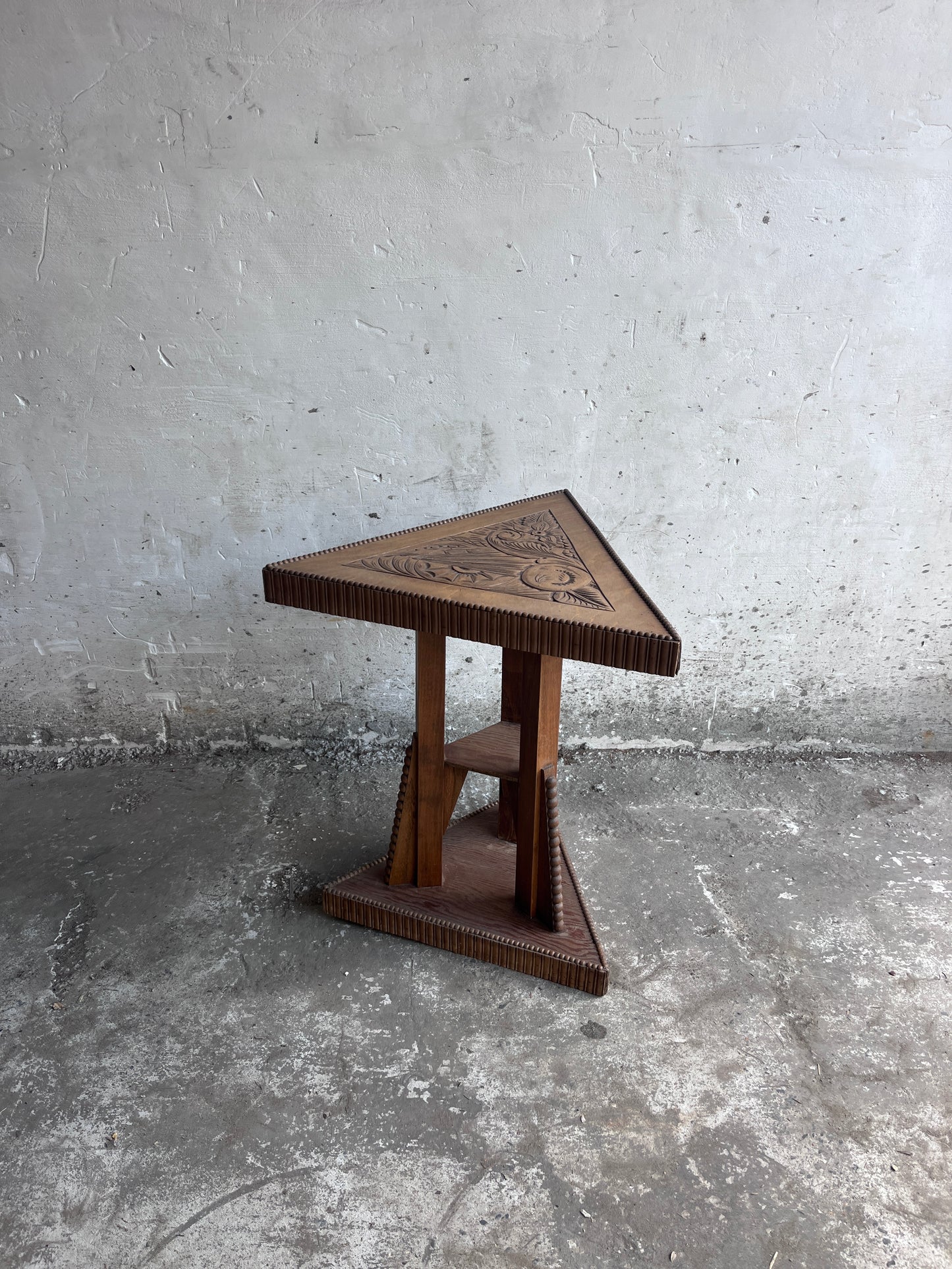 Art Nouveau Carved Wood Triangular Side Table, France, circa 1915