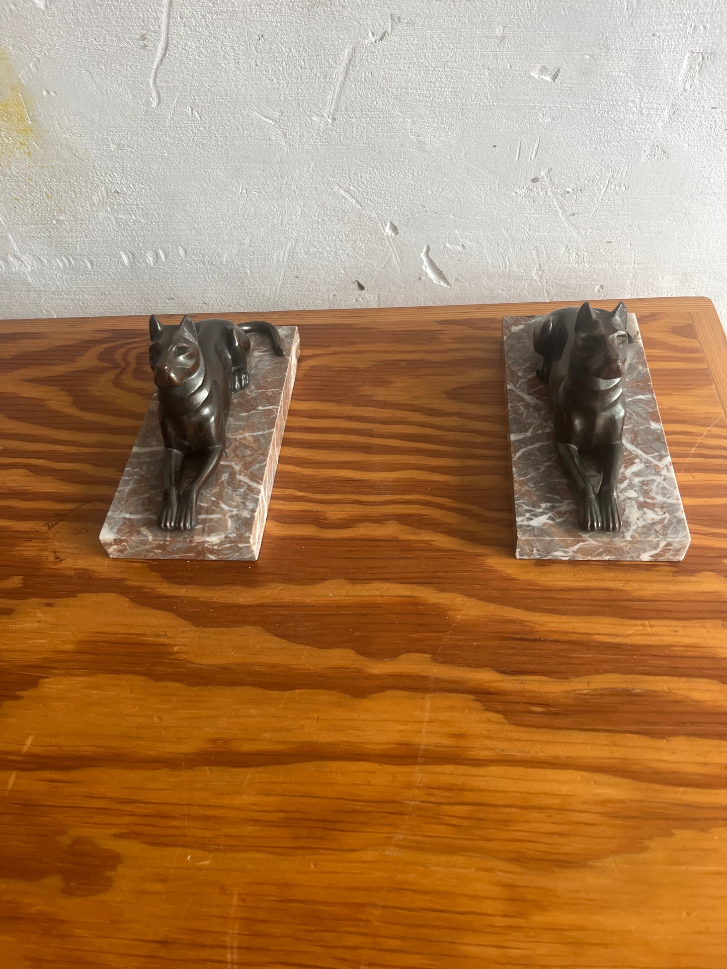 Art Deco Bronze Dog Bookends on Marble Base