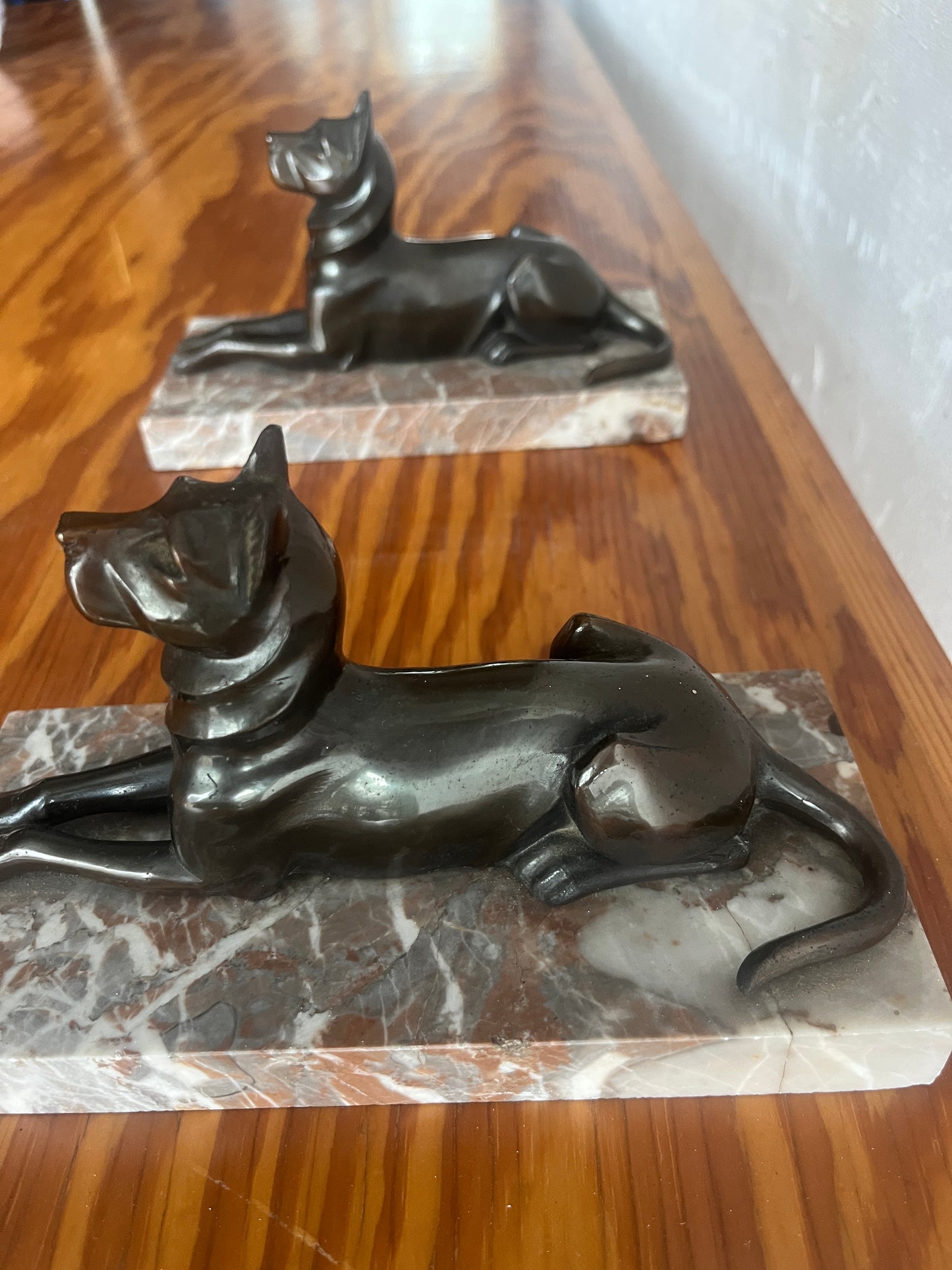 Art Deco Bronze Dog Bookends on Marble Base