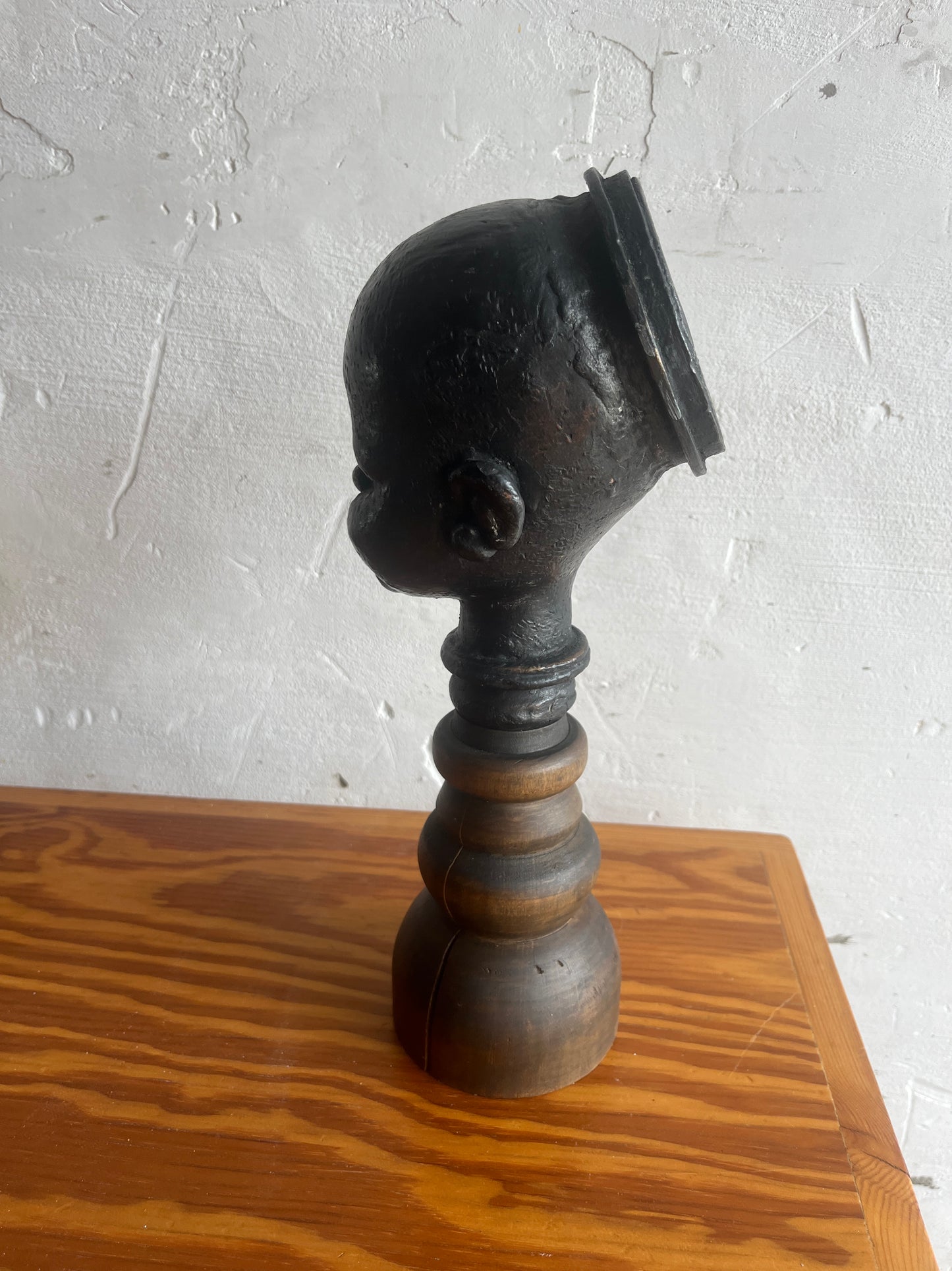 Sculptural Doll Mold Head on Wooden Base – “Moule Pop”