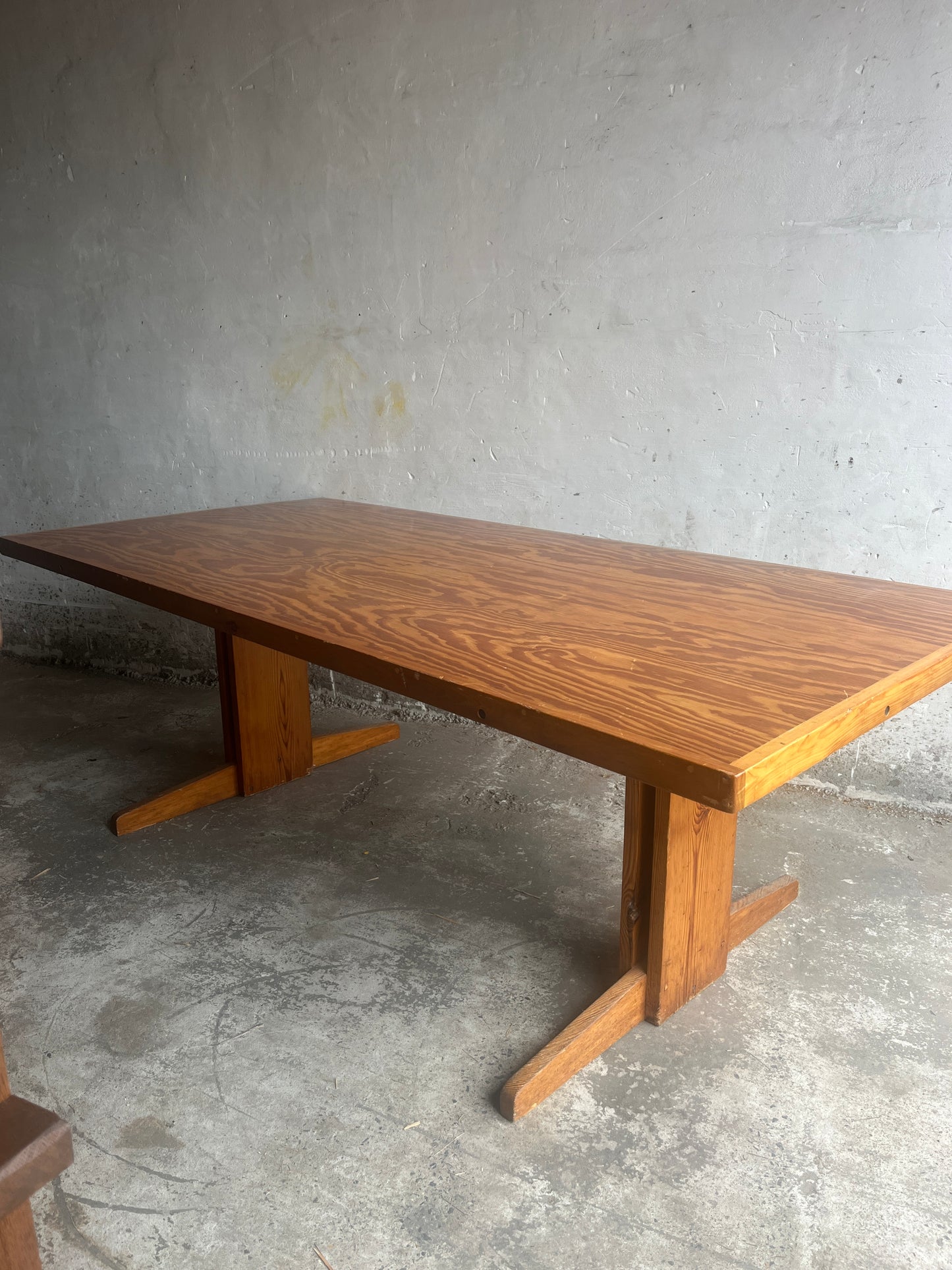 Brutalist Pine Trestle Table, in the Style of Pierre Chapo, 1970s