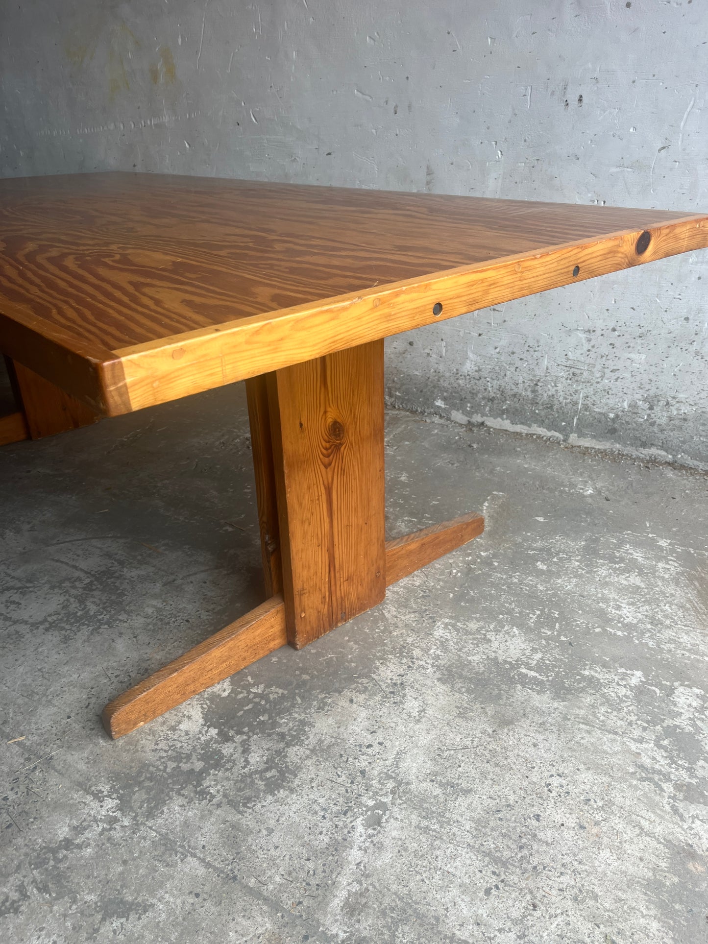 Brutalist Pine Trestle Table, in the Style of Pierre Chapo, 1970s