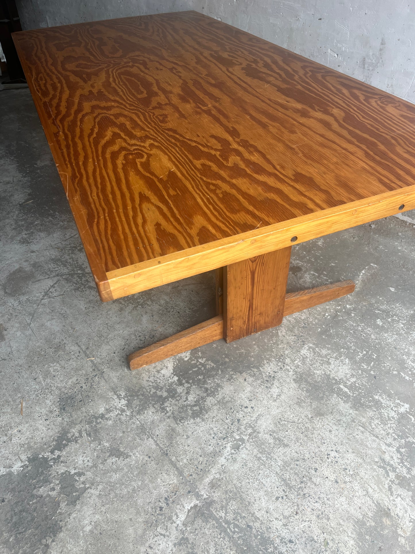 Brutalist Pine Trestle Table, in the Style of Pierre Chapo, 1970s
