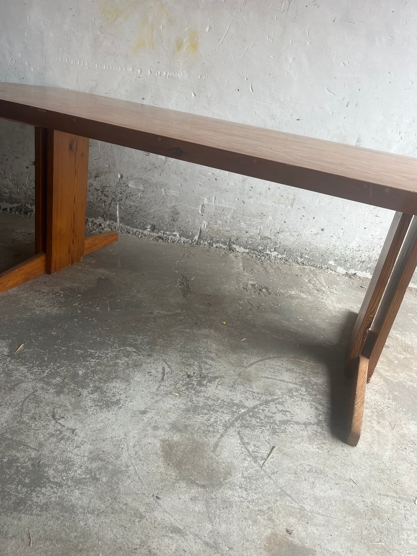 Brutalist Pine Trestle Table, in the Style of Pierre Chapo, 1970s