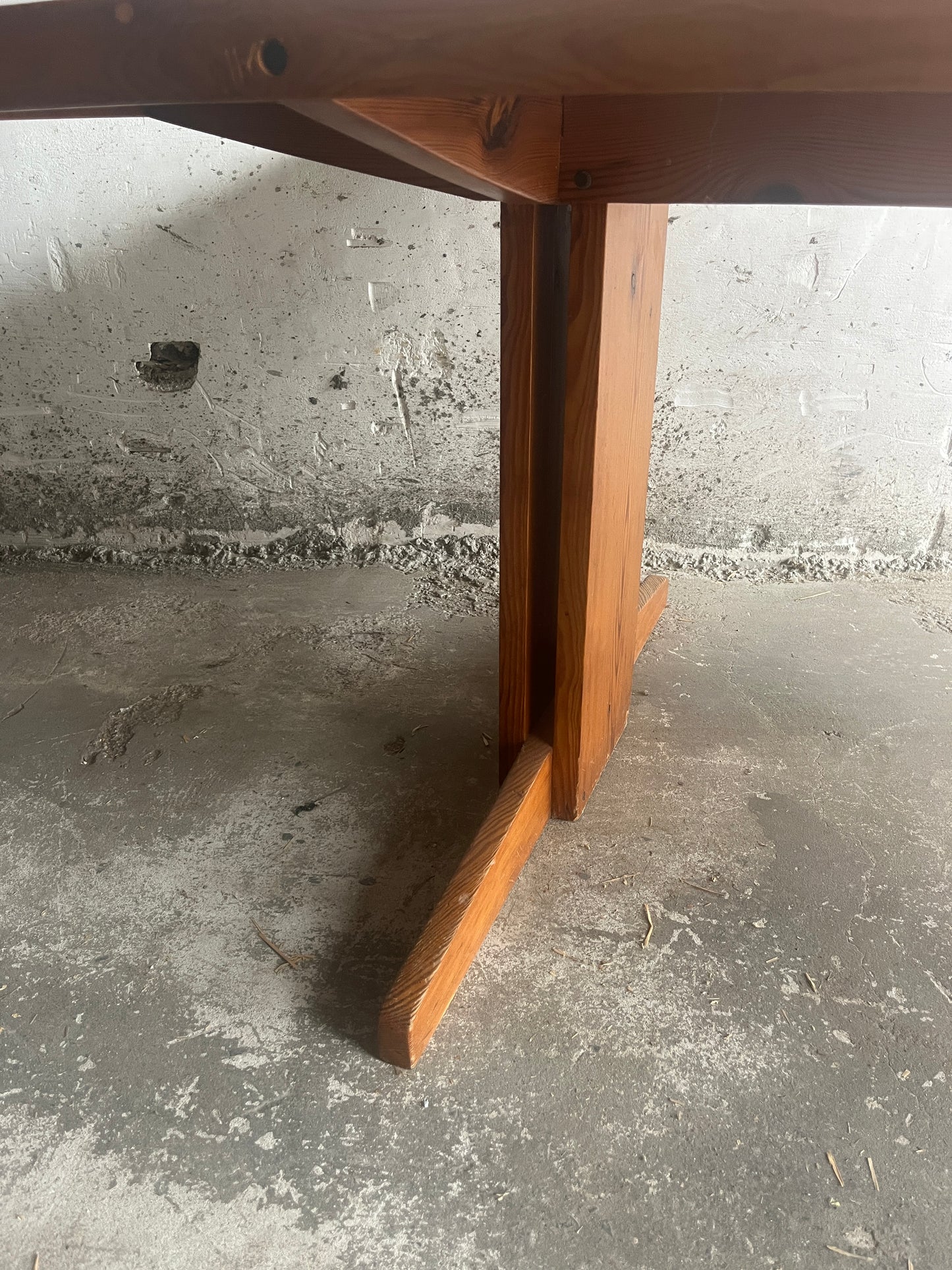 Brutalist Pine Trestle Table, in the Style of Pierre Chapo, 1970s