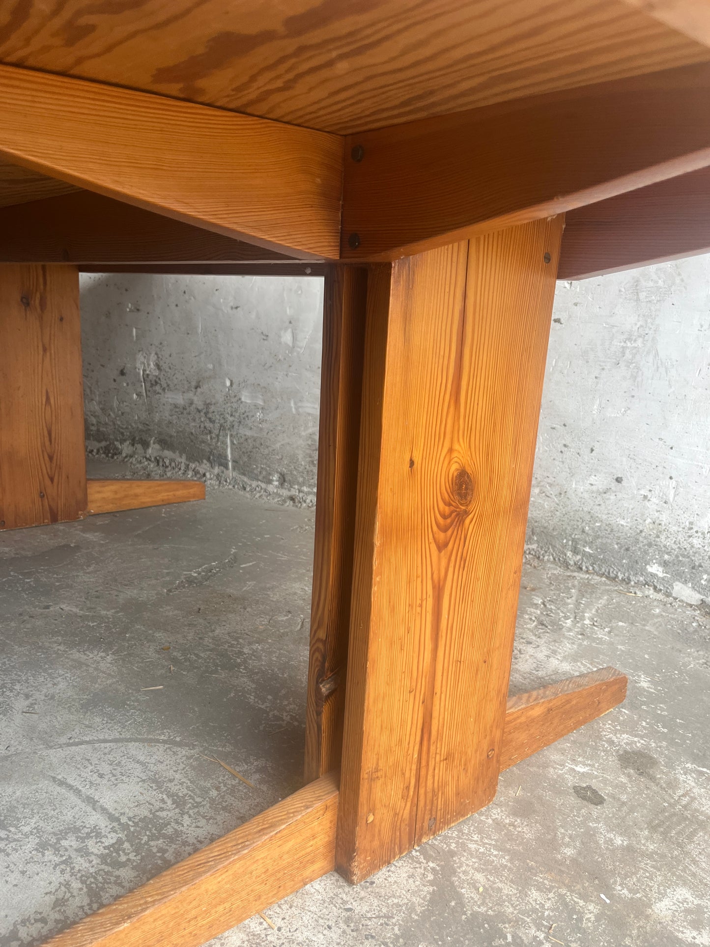Brutalist Pine Trestle Table, in the Style of Pierre Chapo, 1970s