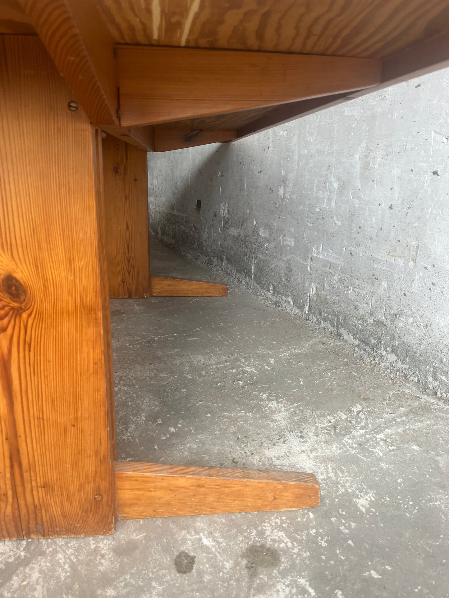 Brutalist Pine Trestle Table, in the Style of Pierre Chapo, 1970s