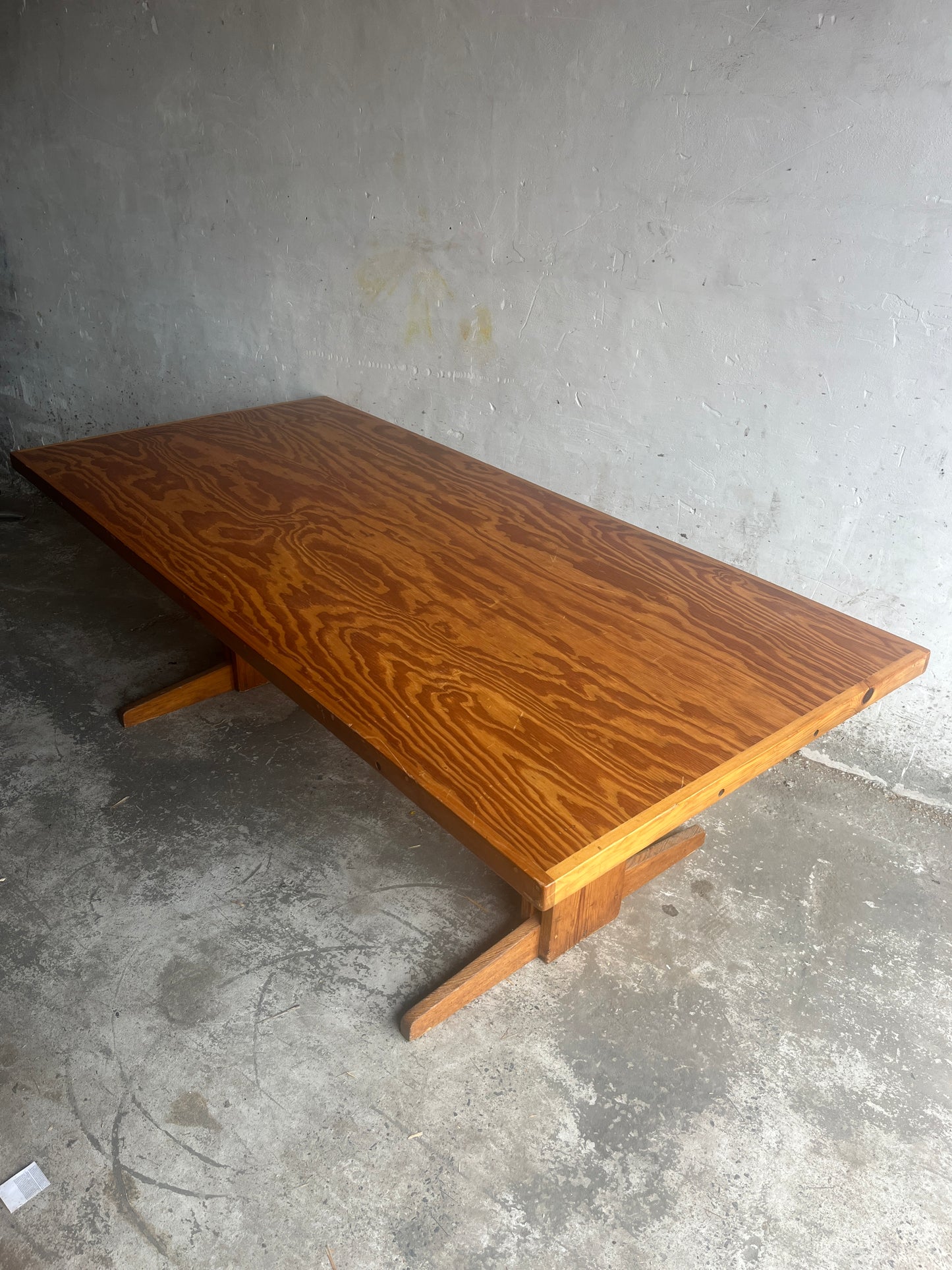 Brutalist Pine Trestle Table, in the Style of Pierre Chapo, 1970s