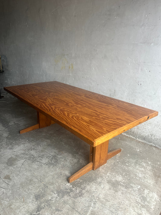Brutalist Pine Trestle Table, in the Style of Pierre Chapo, 1970s