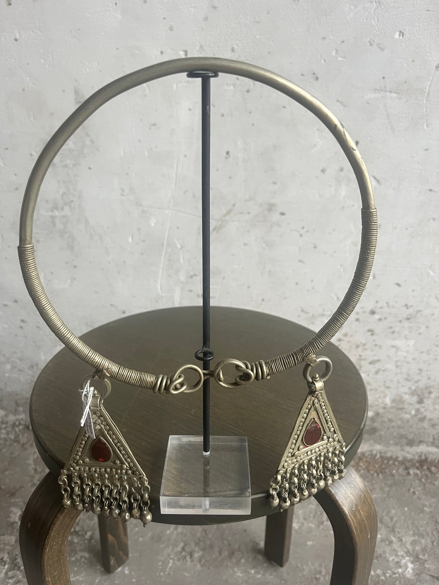 Vintage Bhutanese Tribal Choker Necklace with Red Glass Pendants