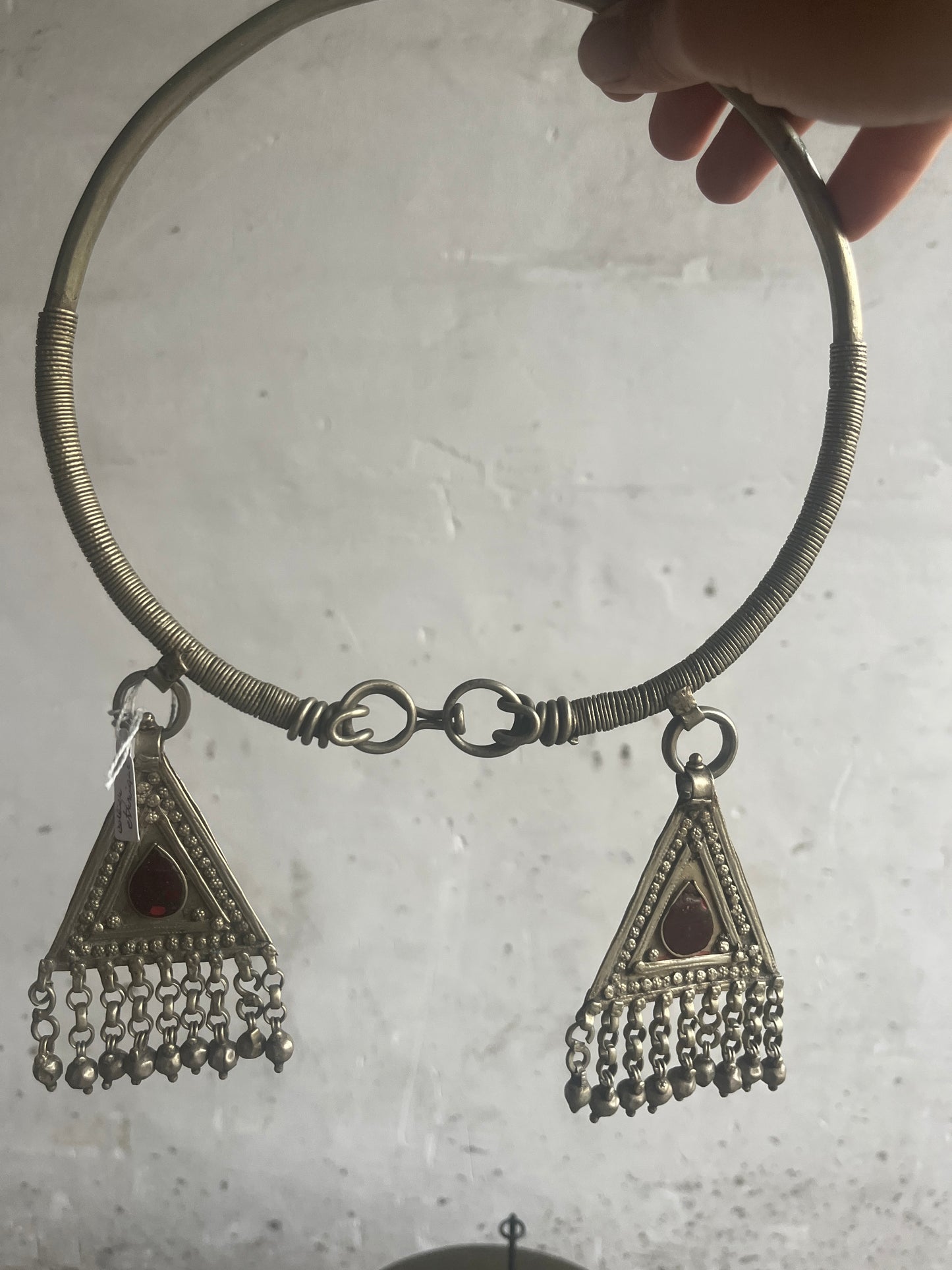 Vintage Bhutanese Tribal Choker Necklace with Red Glass Pendants