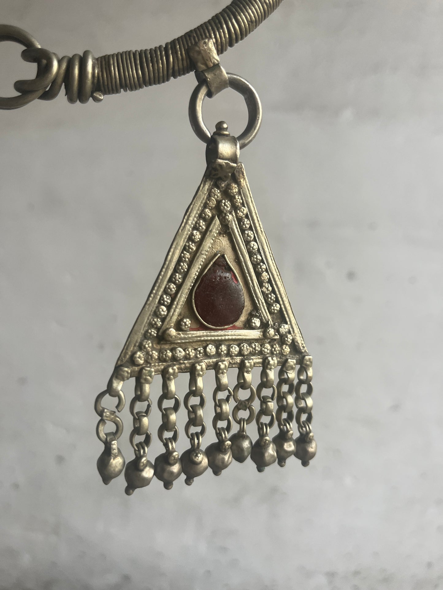 Vintage Bhutanese Tribal Choker Necklace with Red Glass Pendants