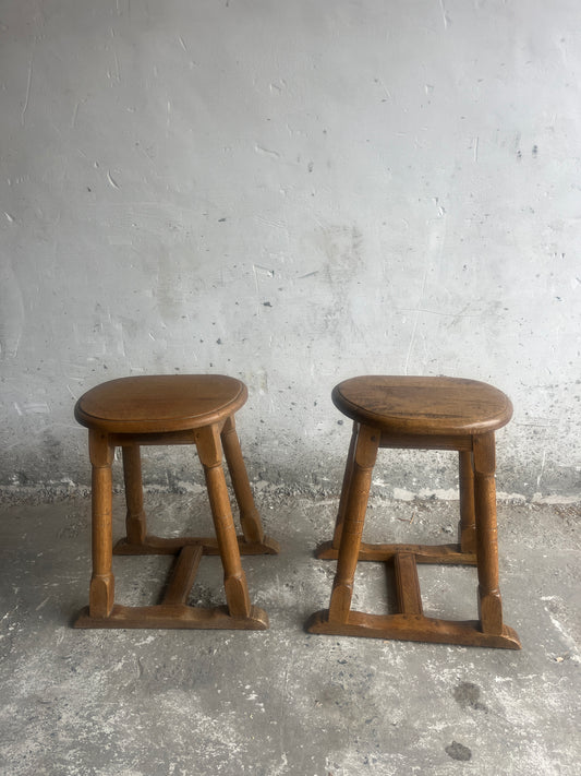 Pair of Rustic Oak Stools, 1930s