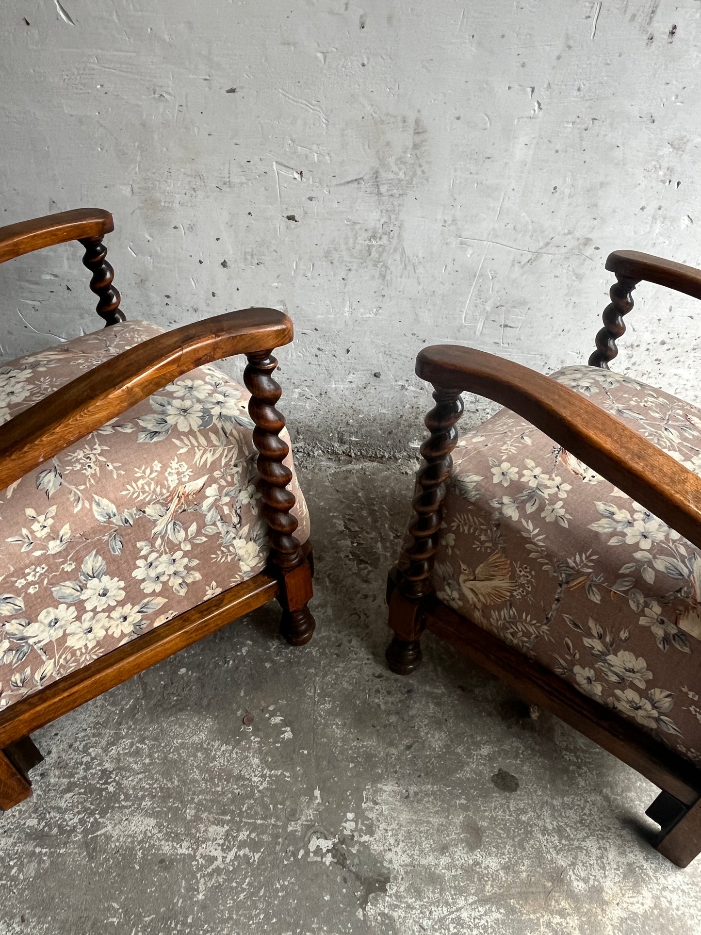 Pair of Vintage Floral & Birds Armchairs with Barley Twist Wood