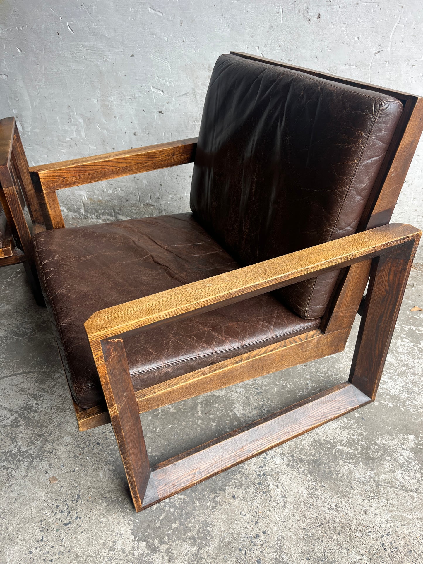 Pair of 1970s Solid Wood Lounge Chairs with Leather Cushions