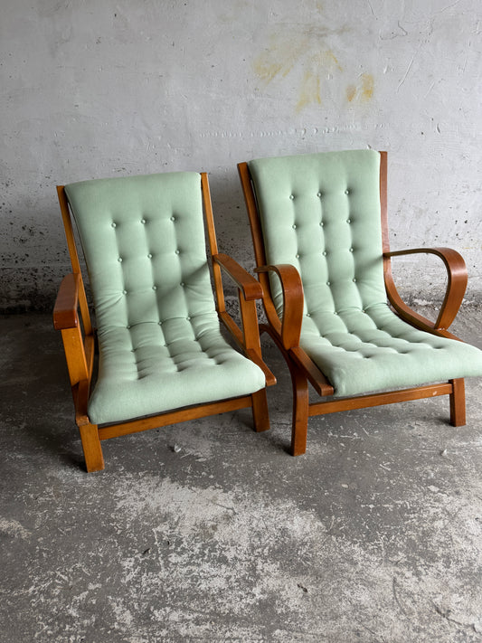 Set van 2 vintage loungestoelen met mintgroene kussens