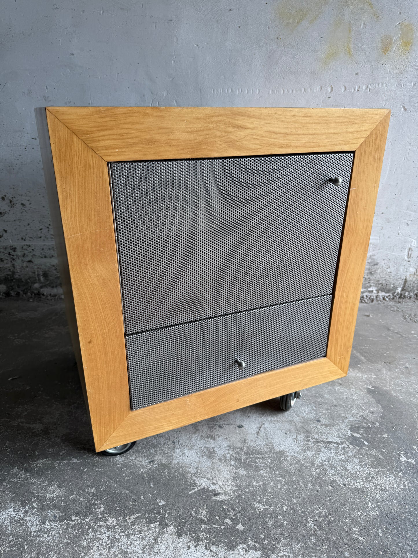 Industriële bijzetkast op wielen met metalen fronten