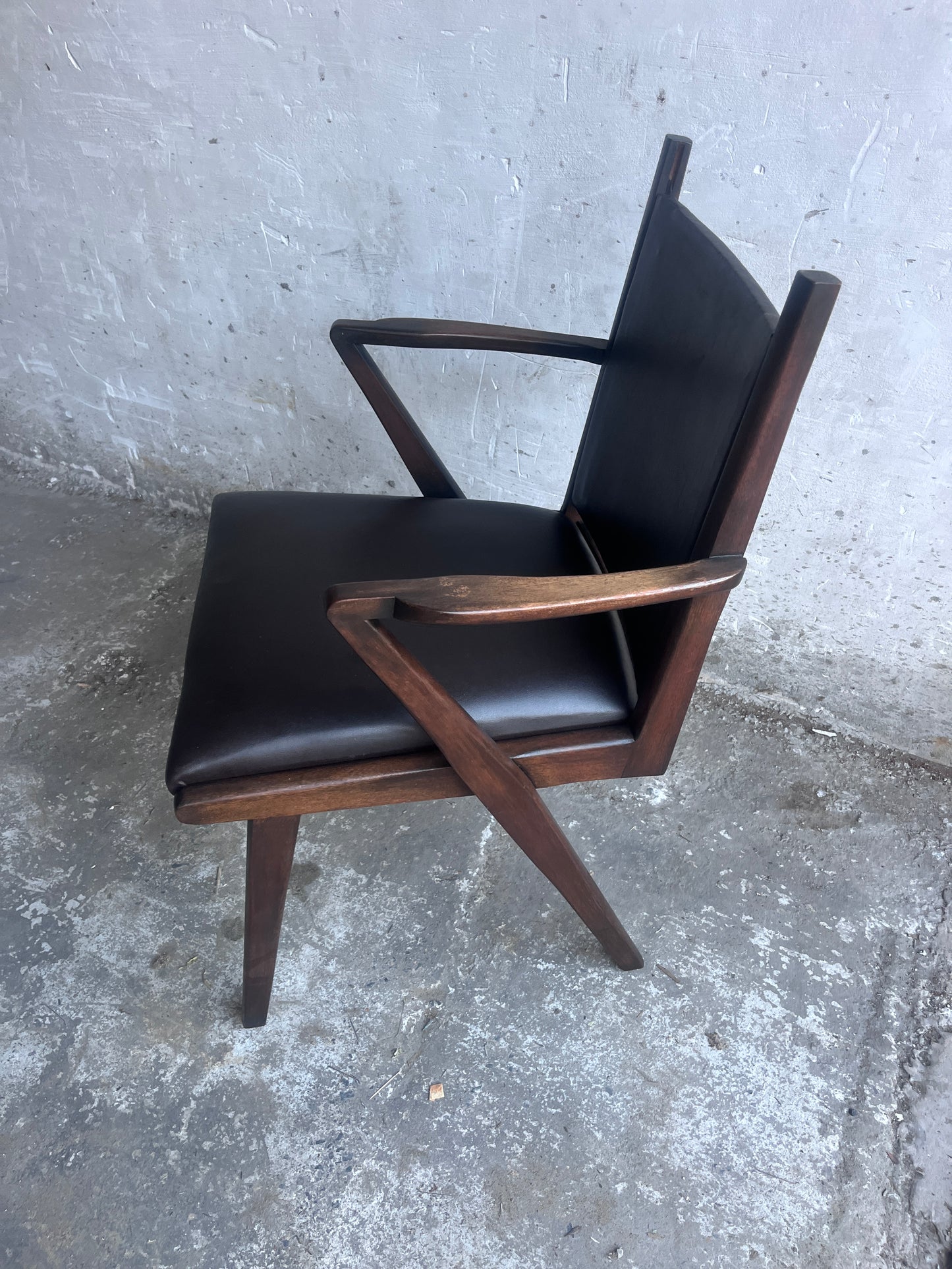 Pair of Sculptural Mid-Century Armchairs in Dark Wood and Brown Upholstery