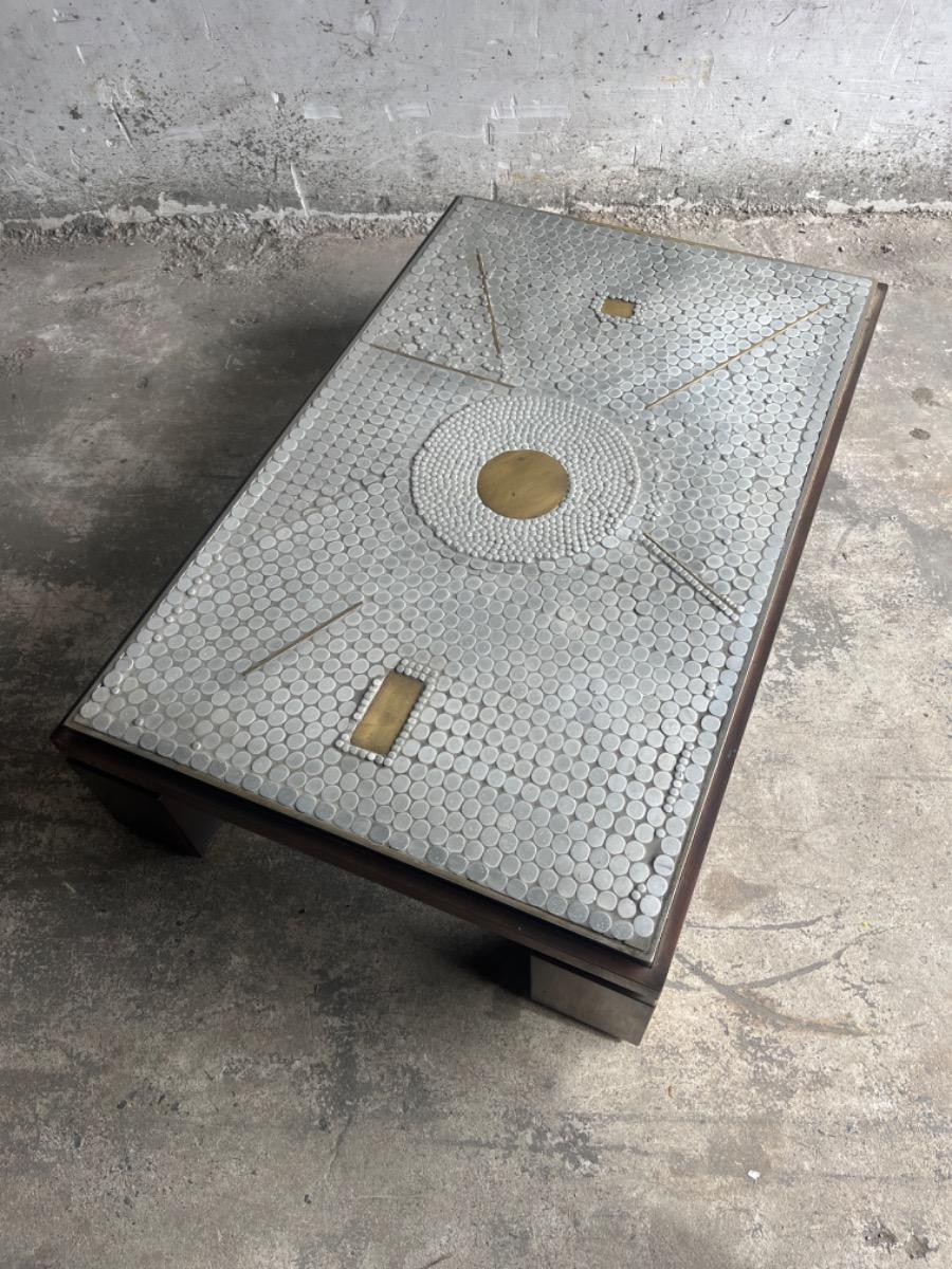 Brutalist coffee table with mosaic top and brass accents – 1970s