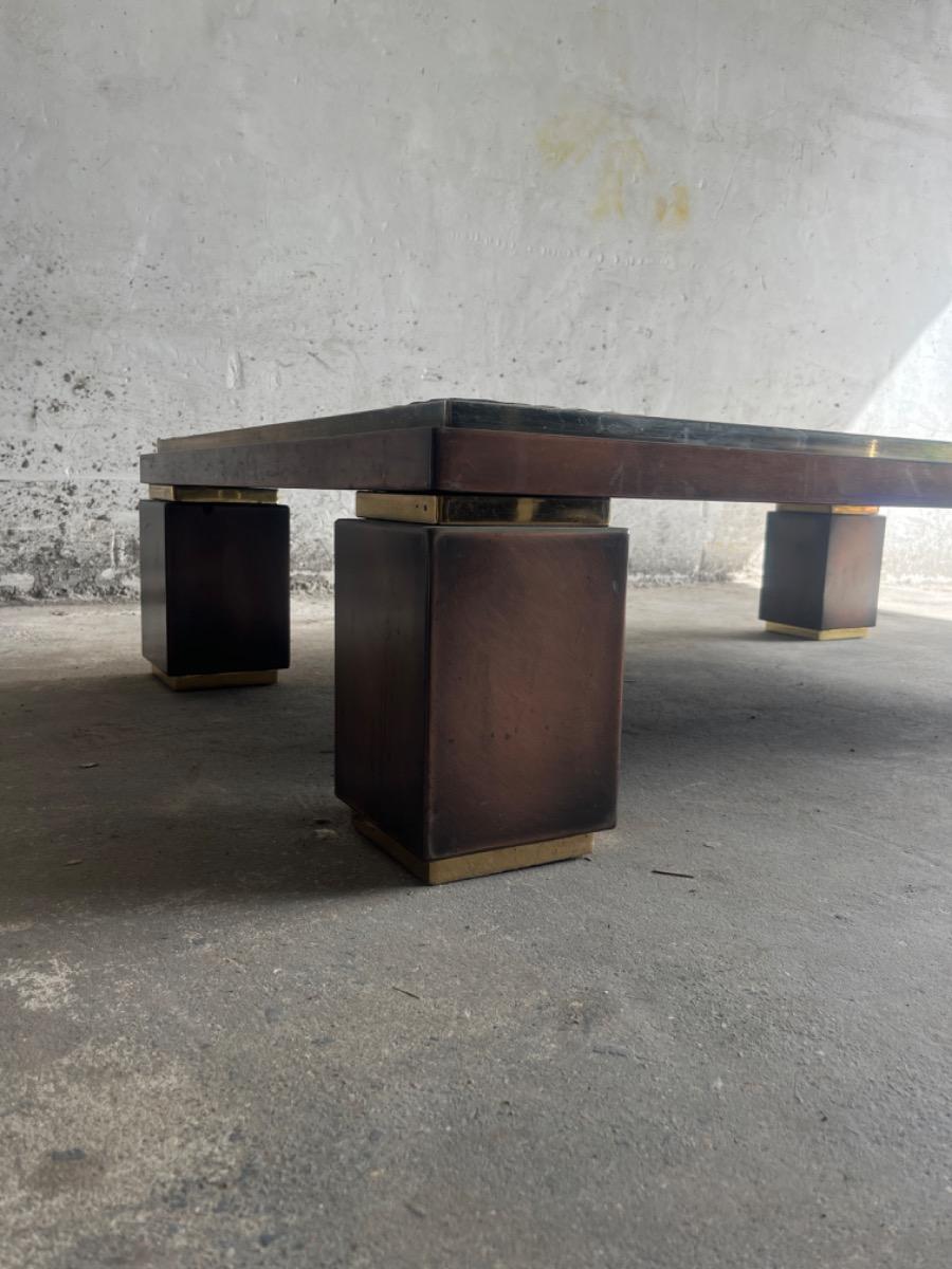 Brutalist coffee table with mosaic top and brass accents – 1970s
