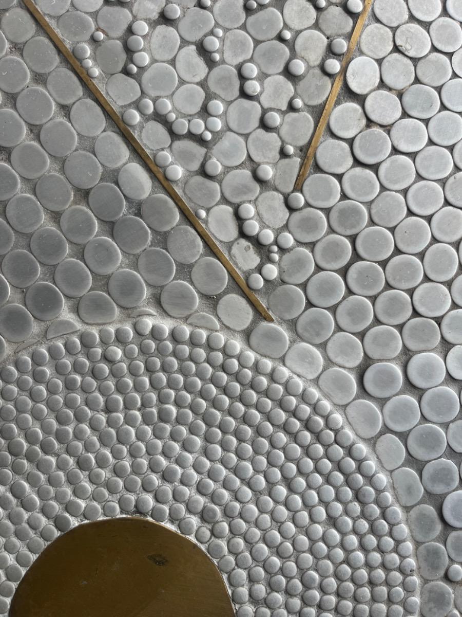 Brutalist coffee table with mosaic top and brass accents – 1970s