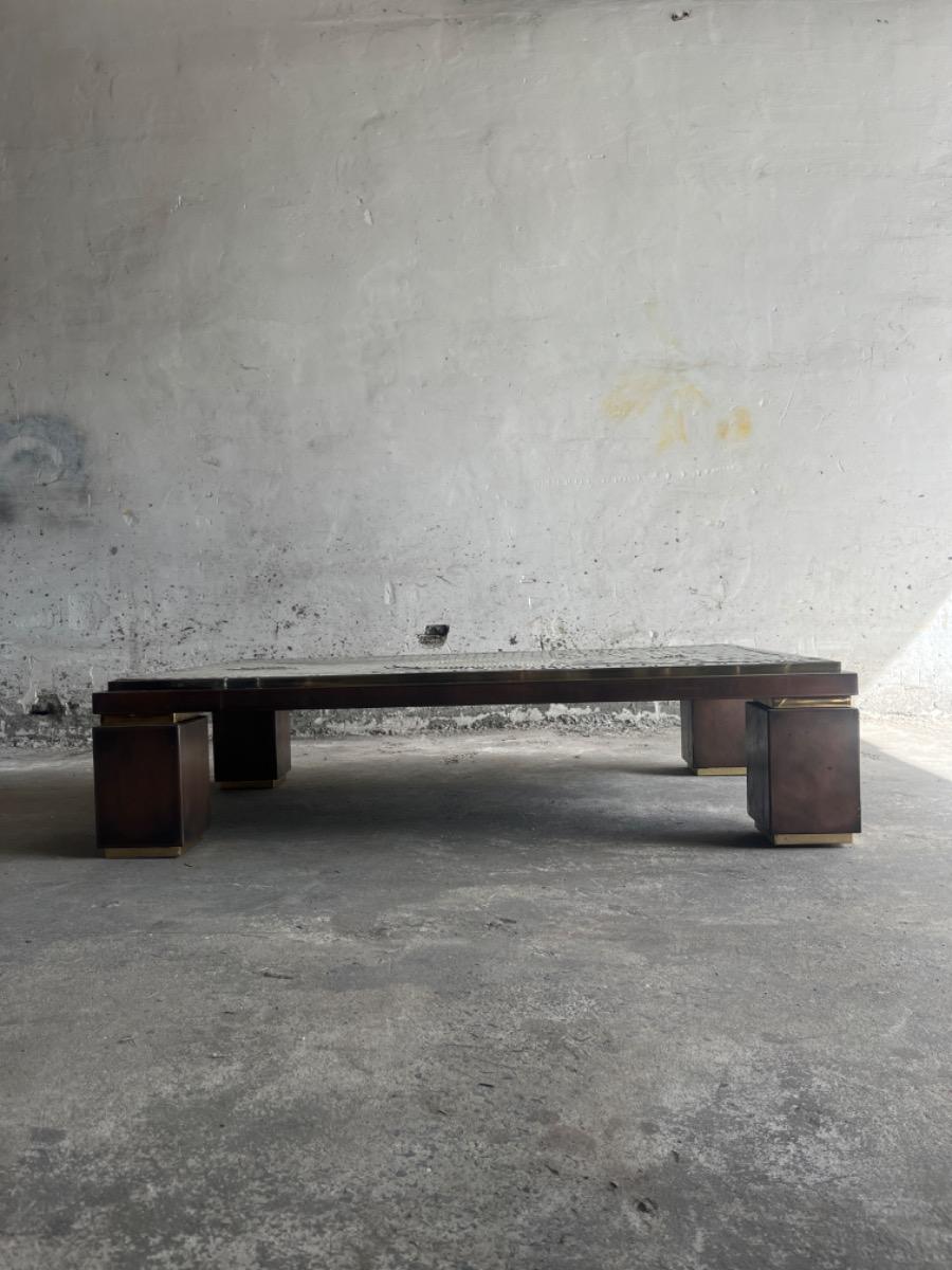 Brutalist coffee table with mosaic top and brass accents – 1970s