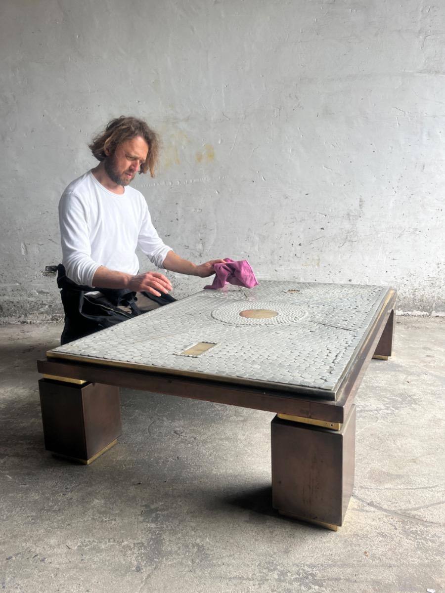 Brutalist coffee table with mosaic top and brass accents – 1970s