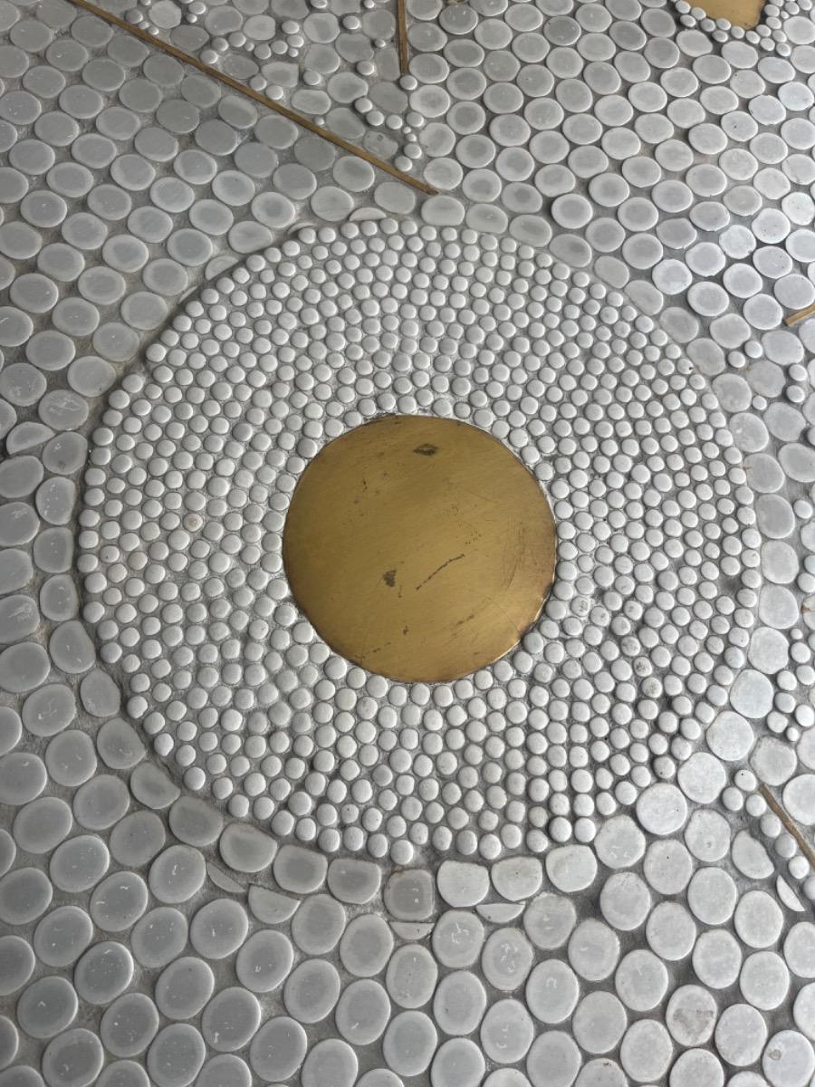 Brutalist coffee table with mosaic top and brass accents – 1970s