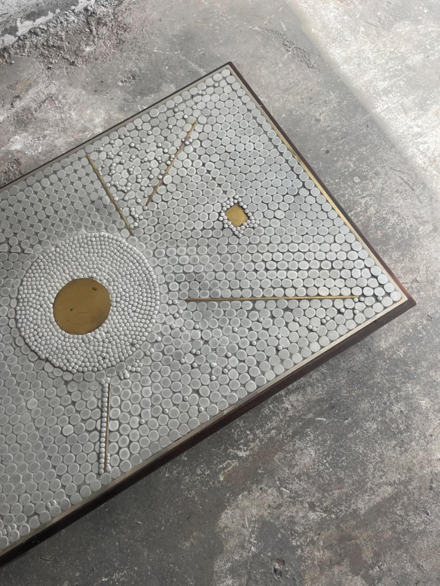 Brutalist coffee table with mosaic top and brass accents – 1970s