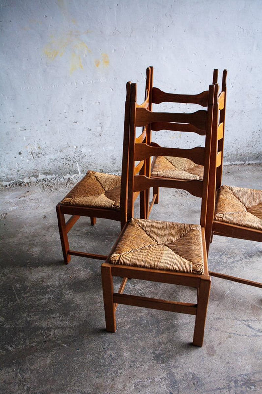 Brutalistische eikenhouten stoelen (set van vier)