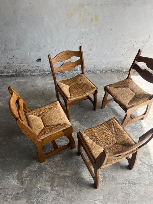 Brutalistische eikenhouten "scheermes" stoelen – Frankrijk, jaren 60 (set van 6)