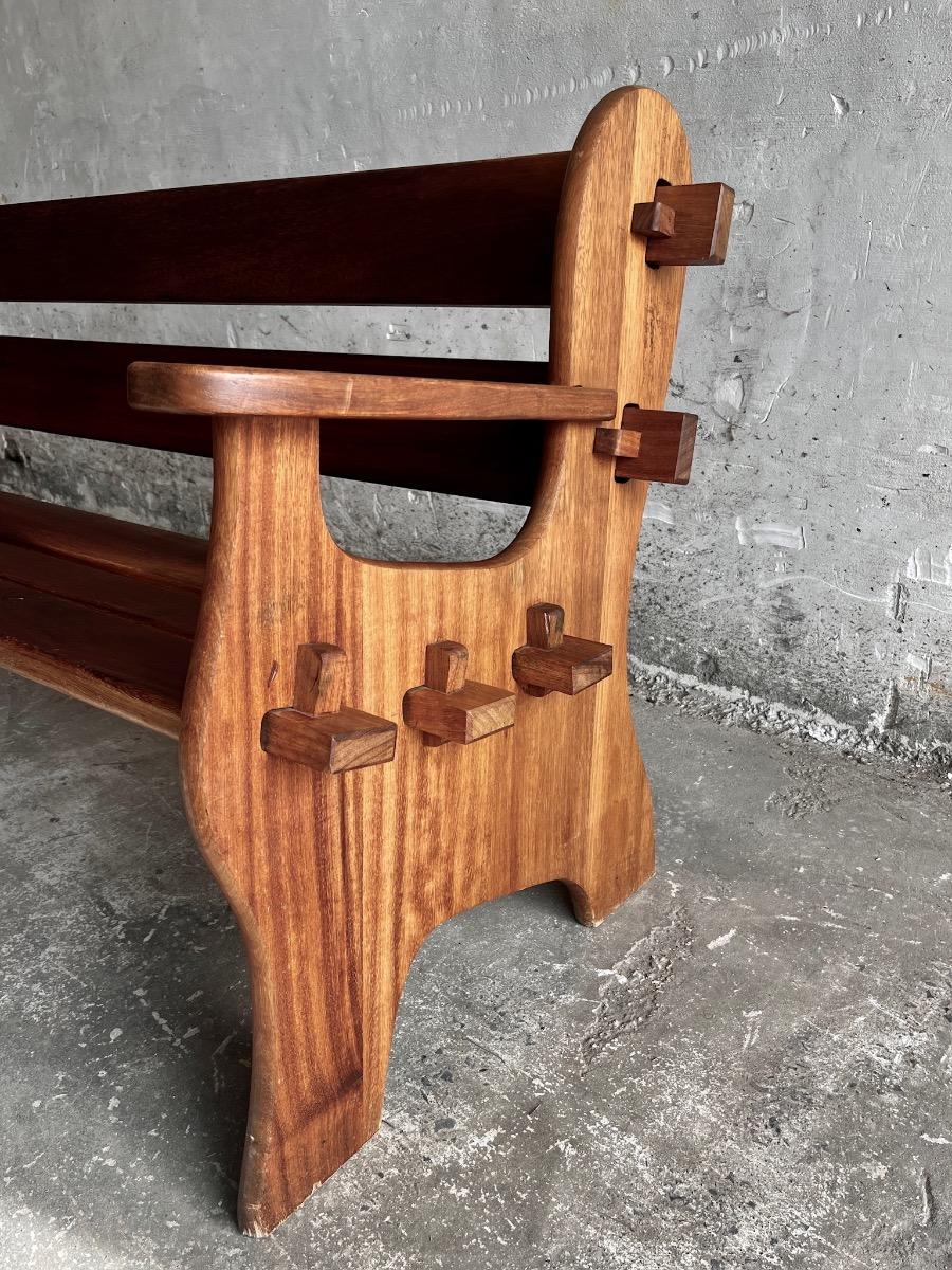 Brutalist wooden 3-seater bench (1960s/70s)