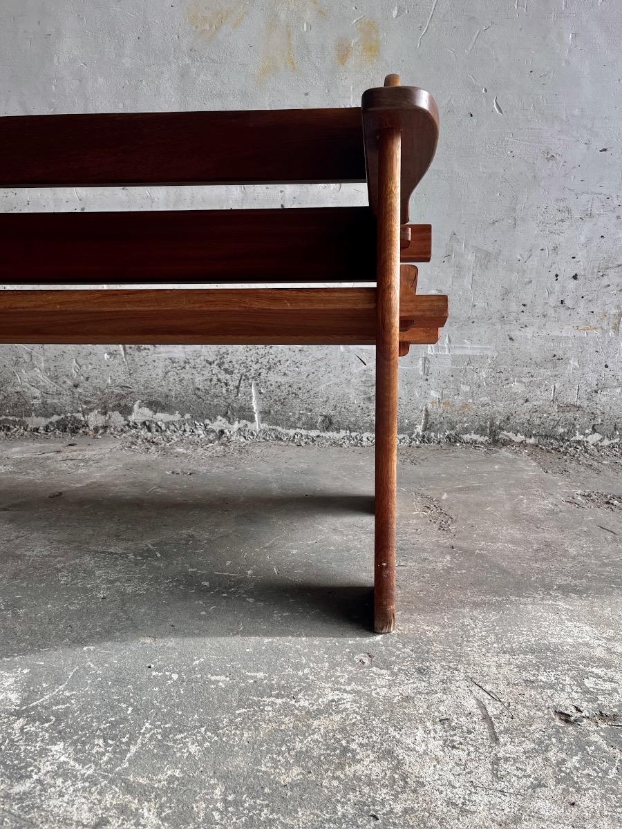 Brutalist wooden 3-seater bench (1960s/70s)