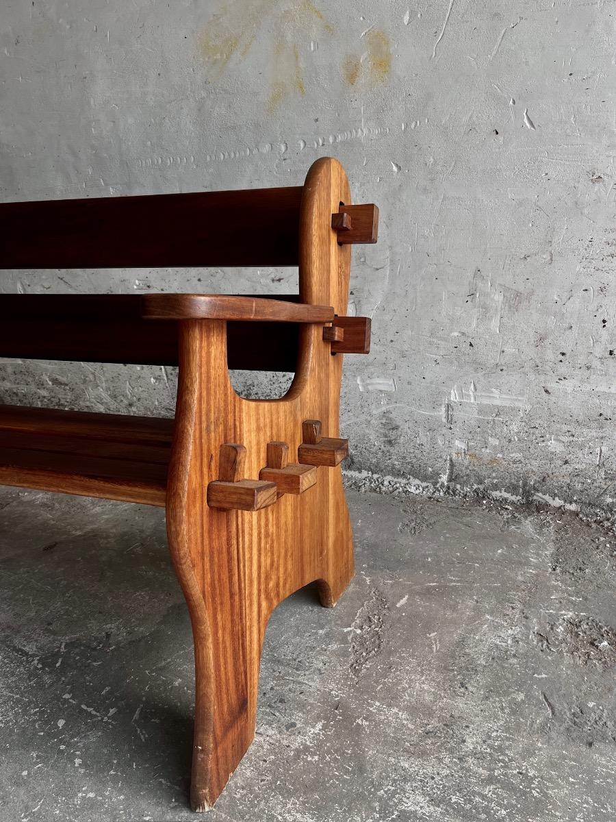Brutalist wooden 3-seater bench (1960s/70s)