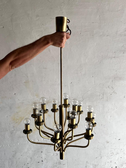 Kroonluchter van messing in Sciolari-stijl uit het midden van de vorige eeuw, jaren 70