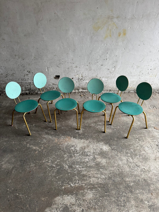 Set van 6 vintage kinderstoelen in blauw met goud (jaren 60)
