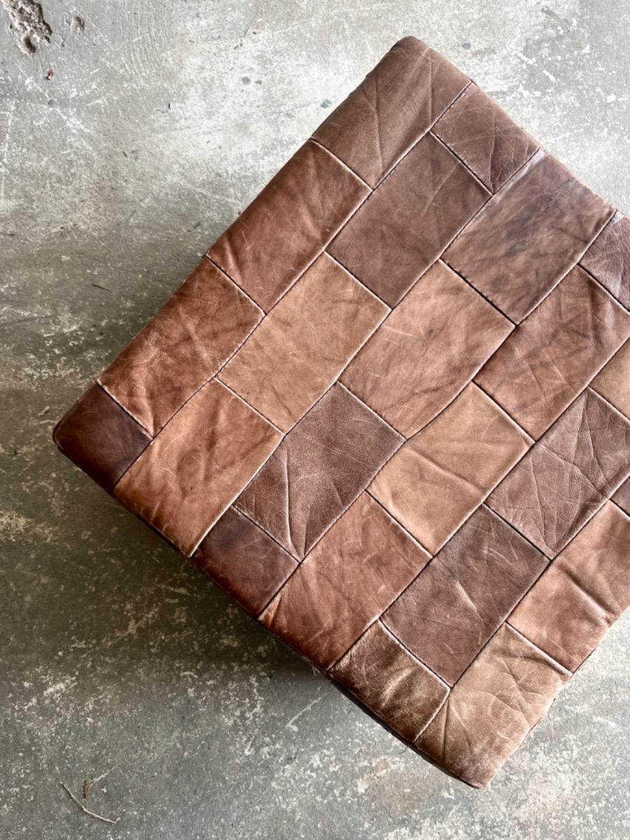 Vintage patchwork bruine leren poef met opbergruimte, jaren 70