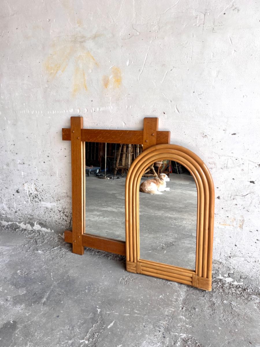 Houten boogvormige spiegel met boomvormig bamboe rieten frame, jaren 70