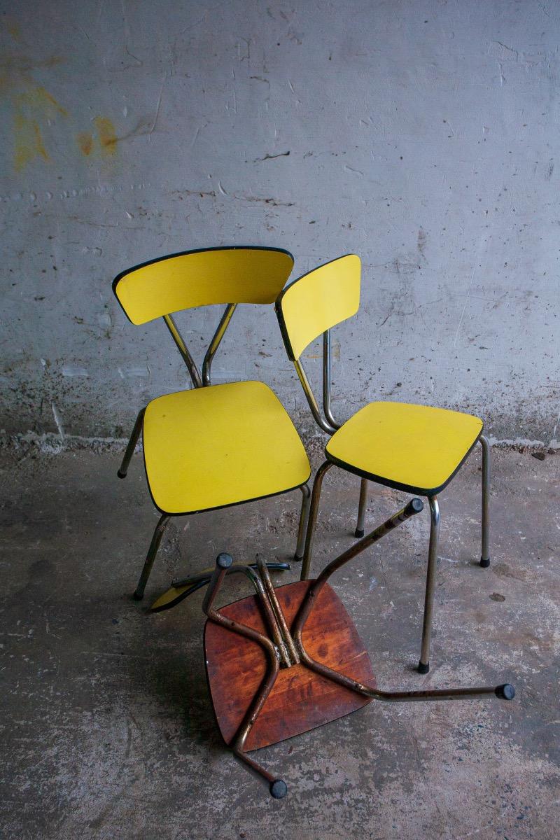 Set of 4 vintage school chairs in yellow formica
