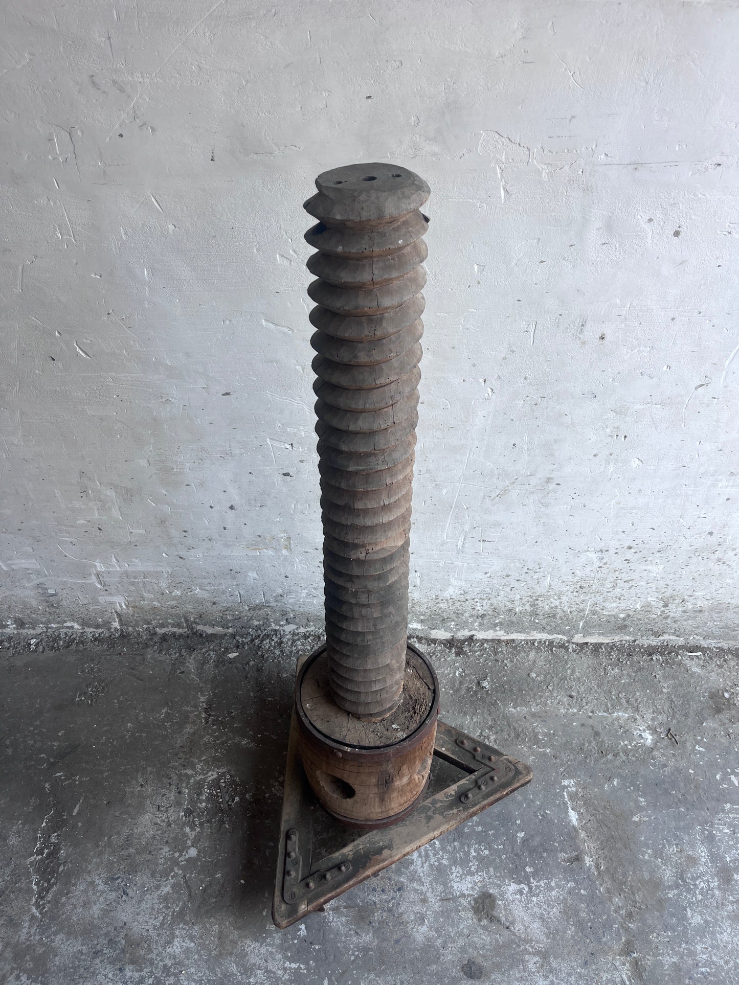 Monumental Antique Wooden Screw Press on Triangular Wheeled Base