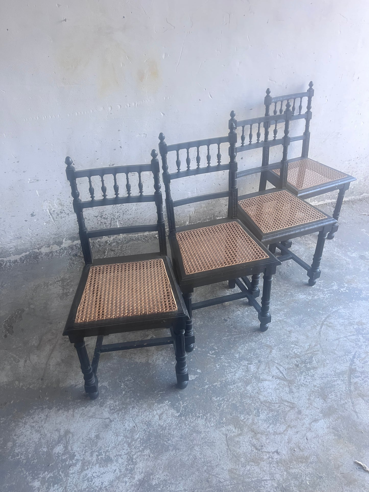 Set of 4 Ebonized Dining Chairs with Handwoven Cane Seats, Early 20th Century