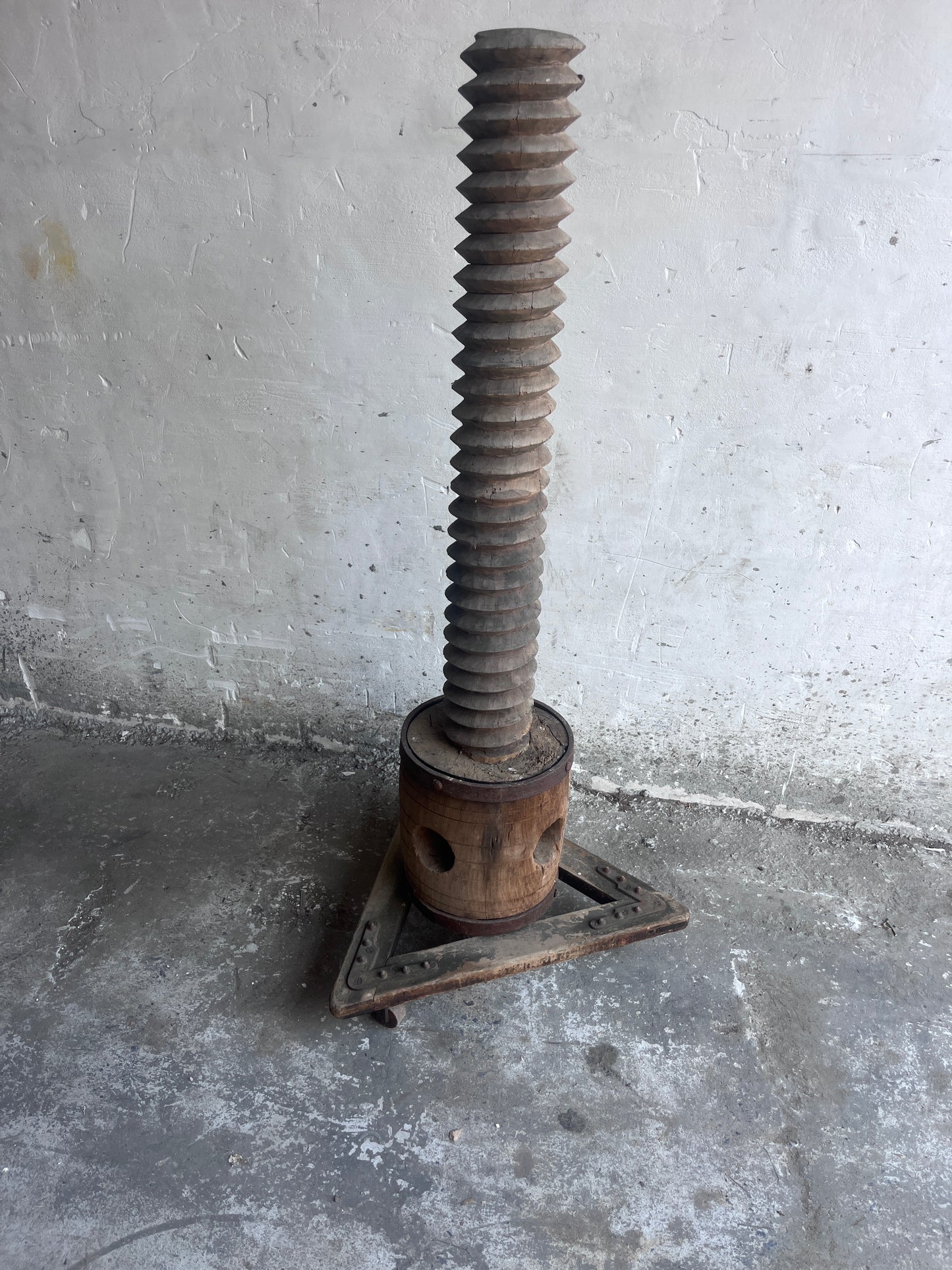 Monumental Antique Wooden Screw Press on Triangular Wheeled Base