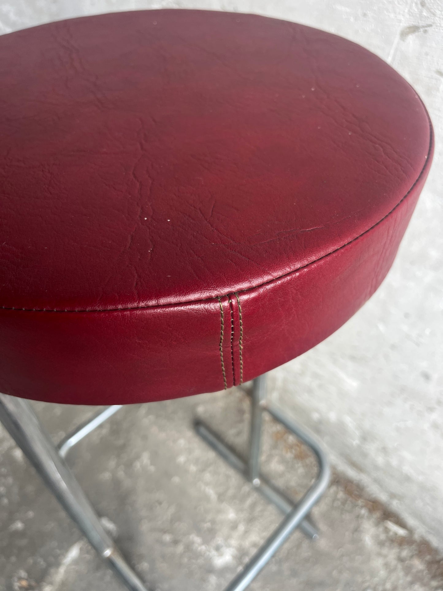 Set of 4 Industrial Bar Stools – Burgundy Seats (1980s)