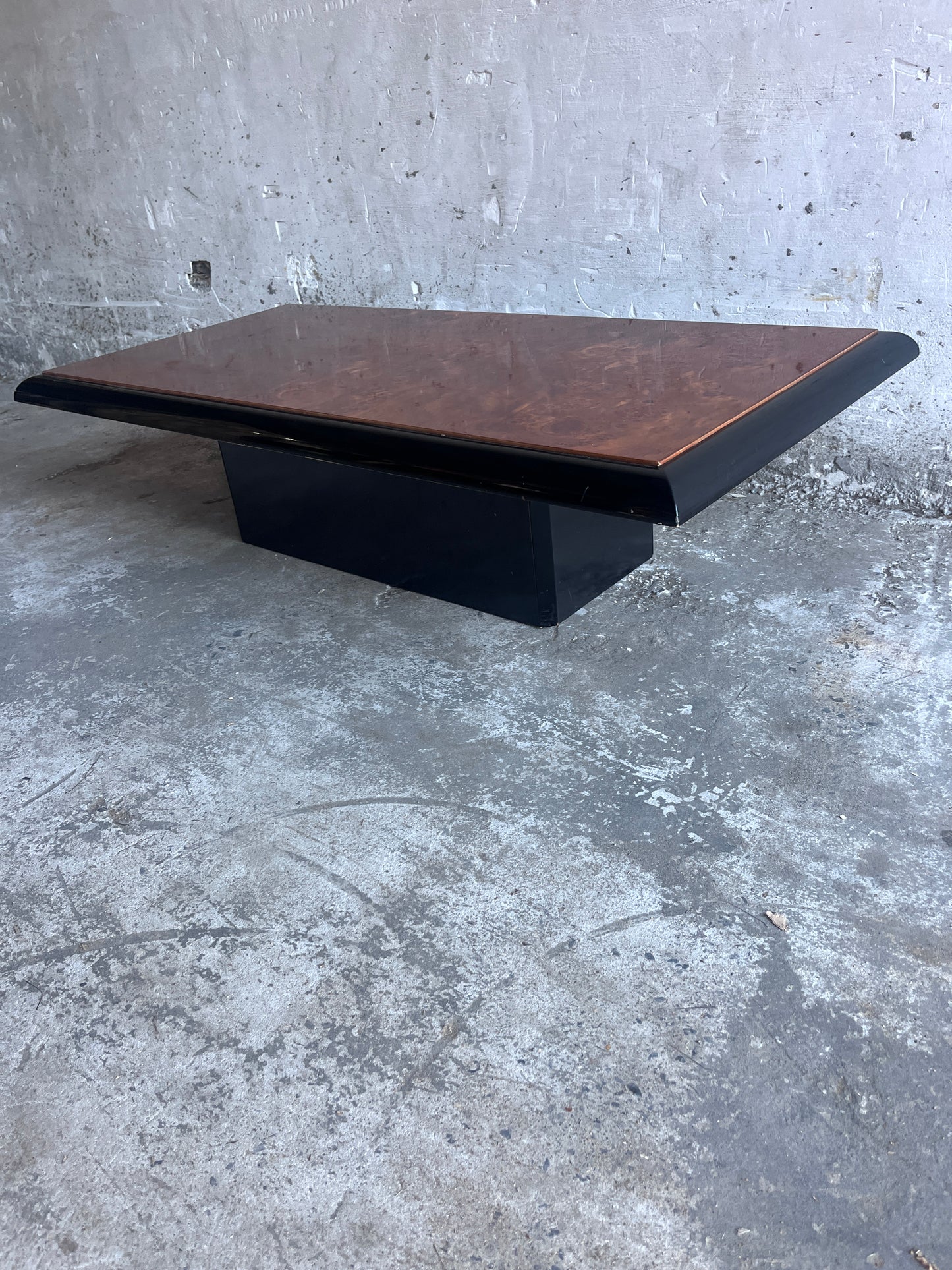 Vintage Burl Wood Coffee Table on Black Lacquered Base